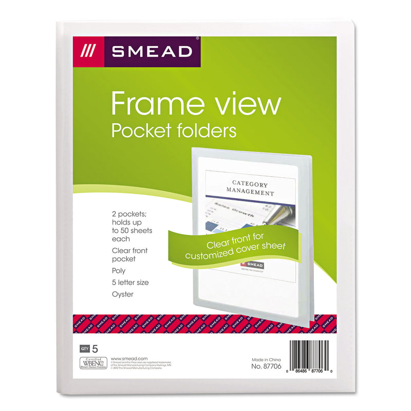 Smead Frame View Poly Two-Pocket Folder, 100-Sheet Capacity, 11 x 8.5, Clear/Oyster, 5/Pack