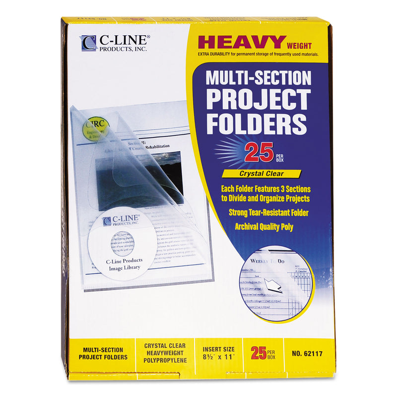 C-Line Multi-Section Project Folders w/ Clear Dividers, 3-Sections, 1/3-Cut Tab, Letter Size, Clear, 25/Box