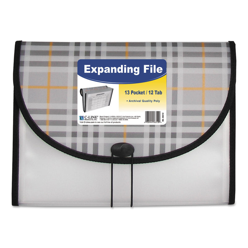 C-Line Plaid Design Expanding Files, 1.5" Expansion, 13 Sections, Cord/Hook Closure, 1/6-Cut Tabs, Letter Size, Gray Plaid