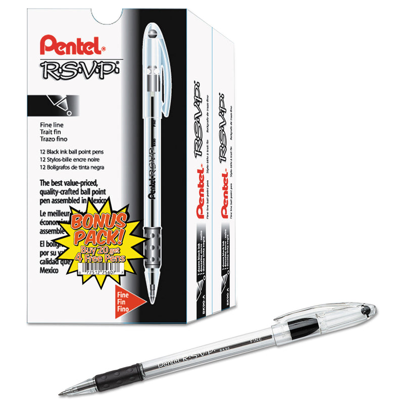 Pentel R.S.V.P. Ballpoint Pen Value Pack, Stick, Fine 0.7 mm, Black Ink, Clear/Black Barrel, 24/Pack