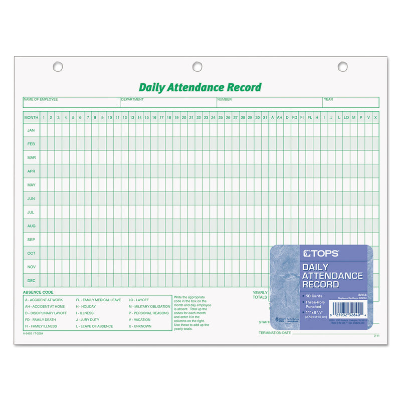 TOPS Daily Attendance Card, 8.5 x 11, 1/Page, 50 Forms