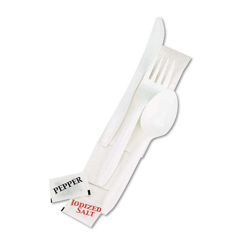 Boardwalk Cutlery Kit, Plastic Fork/Spoon/Knife/Salt/Polypropylene/Napkin, White, 250/Carton