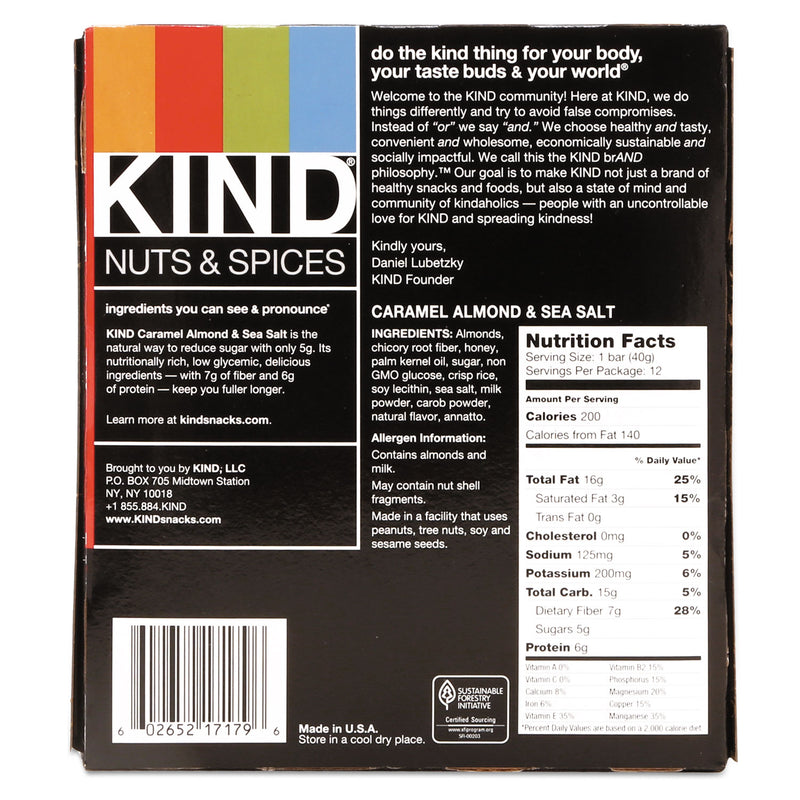 KIND Nuts and Spices Bar, Caramel Almond and Sea Salt, 1.4 oz Bar, 12/Box