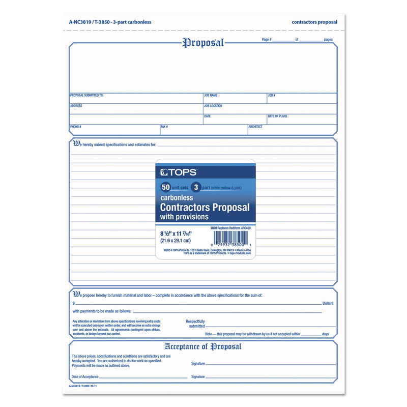 TOPS Proposal Form, Three-Part Carbonless, 8.5 x 11, 1/Page, 50 Forms