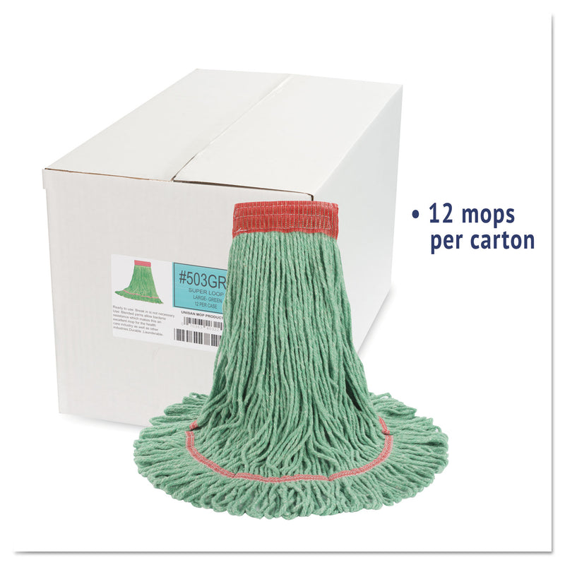 Boardwalk Super Loop Wet Mop Head, Cotton/Synthetic Fiber, 5" Headband, Large Size, Green, 12/Carton