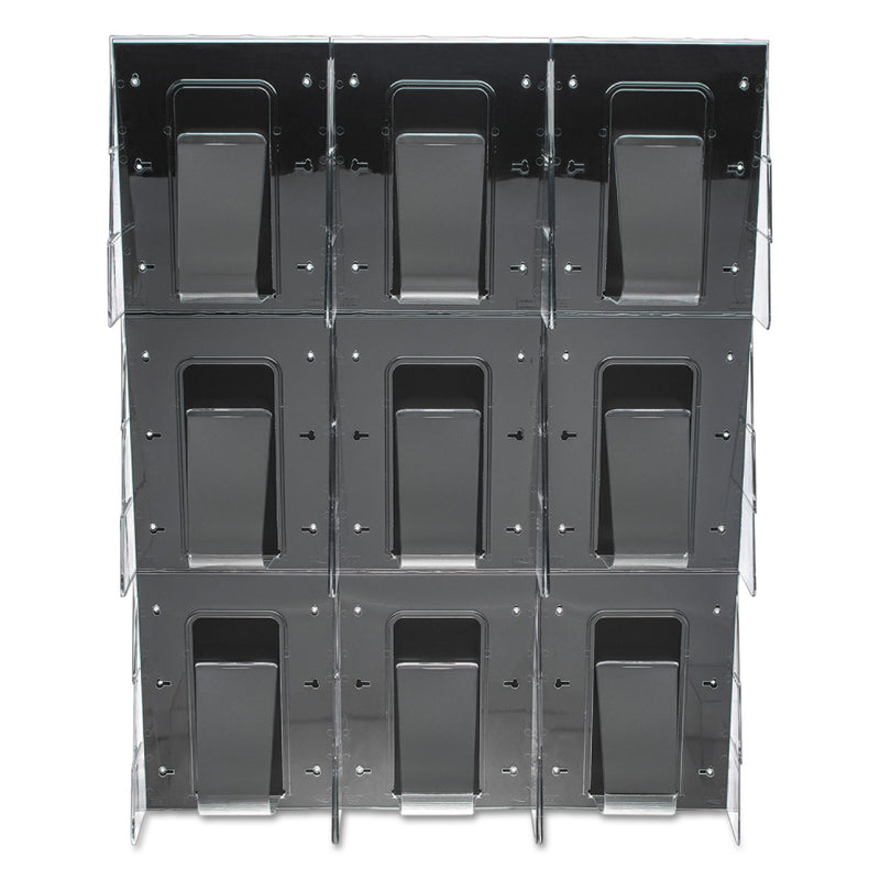 deflecto Stand-Tall 9-Bin Wall-Mount Literature Rack, Mag, 27.5w x 3.38d x 35.63h, Clear/Black
