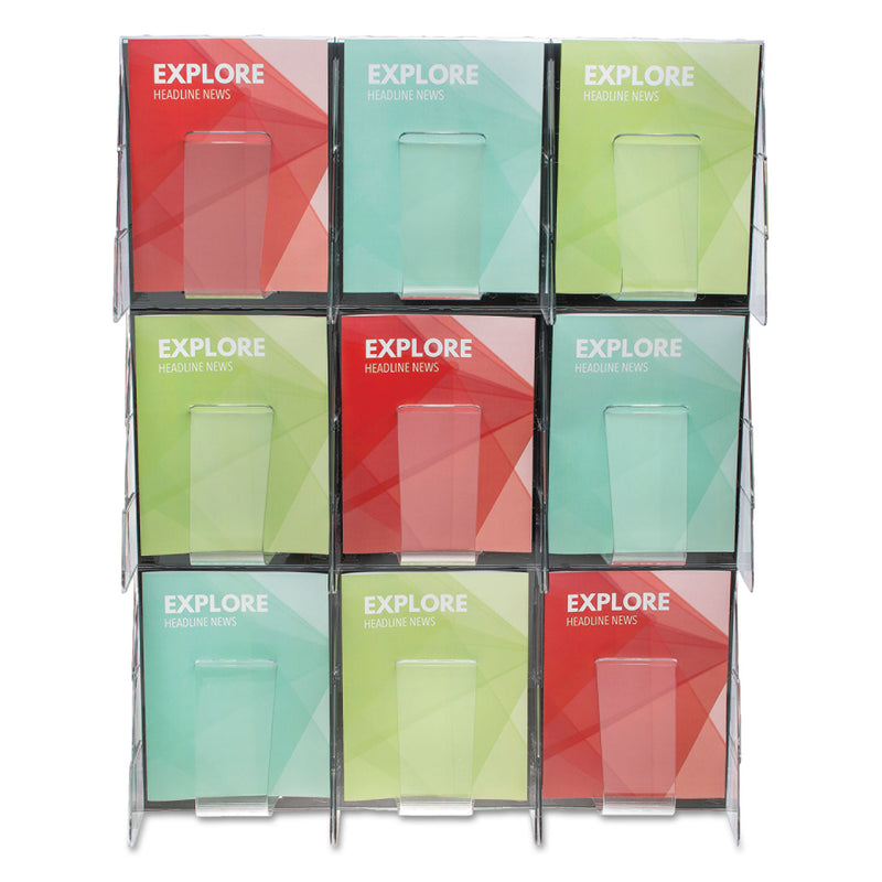 deflecto Stand-Tall 9-Bin Wall-Mount Literature Rack, Mag, 27.5w x 3.38d x 35.63h, Clear/Black
