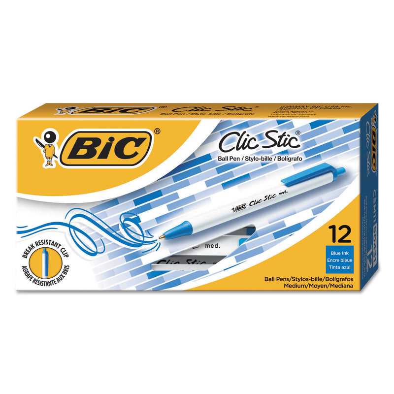 BIC Clic Stic Ballpoint Pen, Retractable, Medium 1 mm, Blue Ink, White Barrel, Dozen