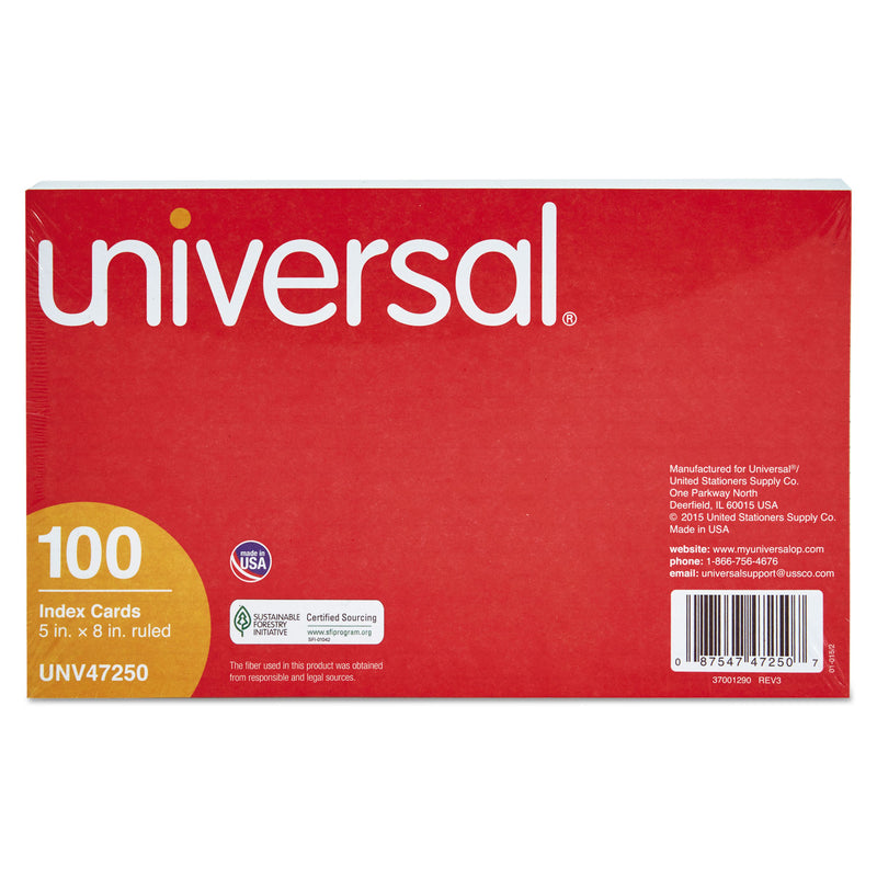 Universal Ruled Index Cards, 5 x 8, White, 100/Pack