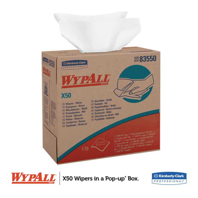 WypAll X50 Cloths, POP-UP Box, 12.5 x 9.1, White, 176/Box, 10 Boxes/Carton