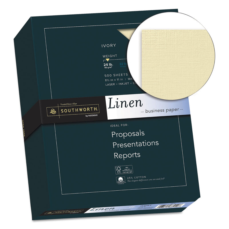 Southworth 25% Cotton Linen Business Paper, 24 lb Bond Weight, 8.5 x 11, Ivory, 500/Ream