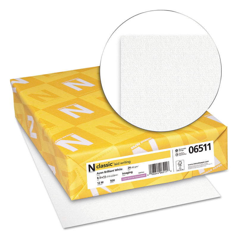 Neenah Paper CLASSIC Laid Stationery, 93 Bright, 24 lb Bond Weight, 8.5 x 11, Avon White, 500/Ream