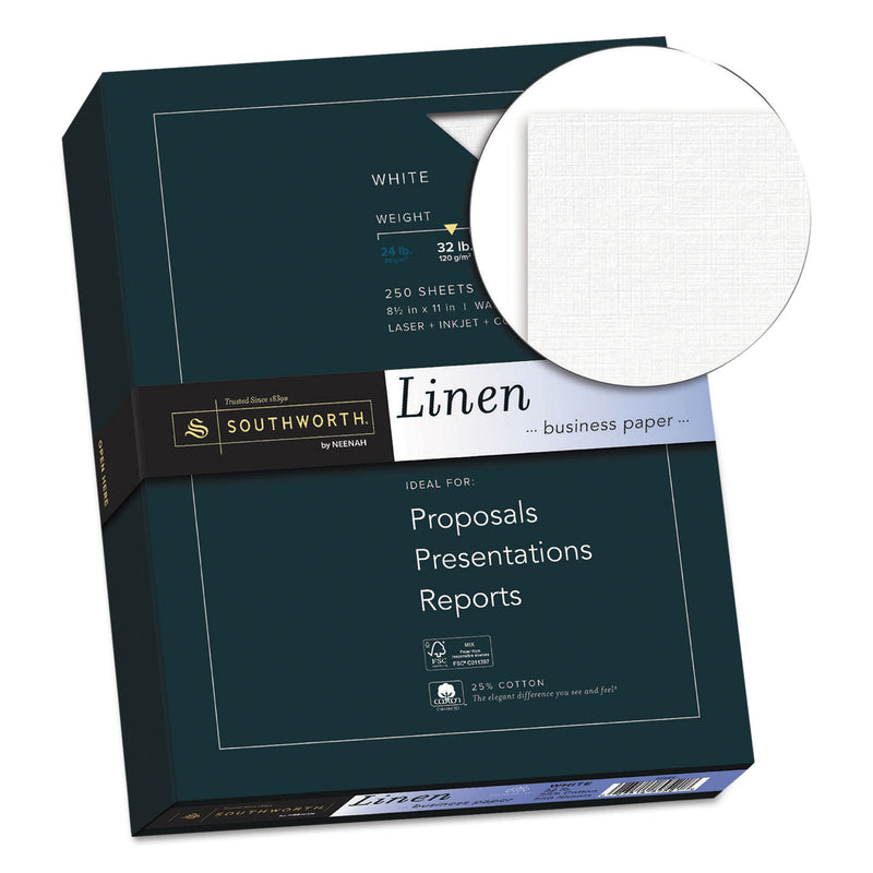 Southworth 25% Cotton Linen Business Paper, 32 lb Bond Weight, 8.5 x 11, White, 250/Pack