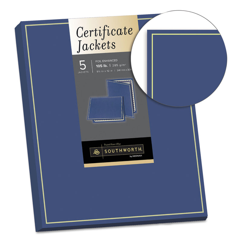 Southworth Certificate Jacket, Navy/Gold Border, 88-lb Felt Finish Stock, 12 x 9.5, 5/Pack