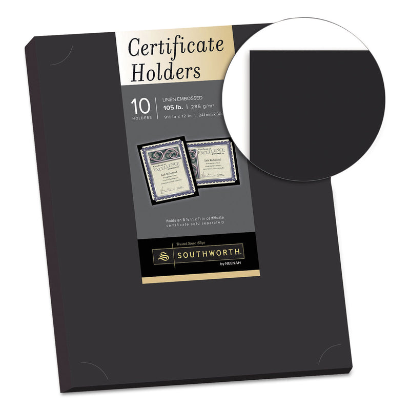 Southworth Certificate Holder, Black, 105lb Linen Stock, 12 x 9.5, 10/Pack