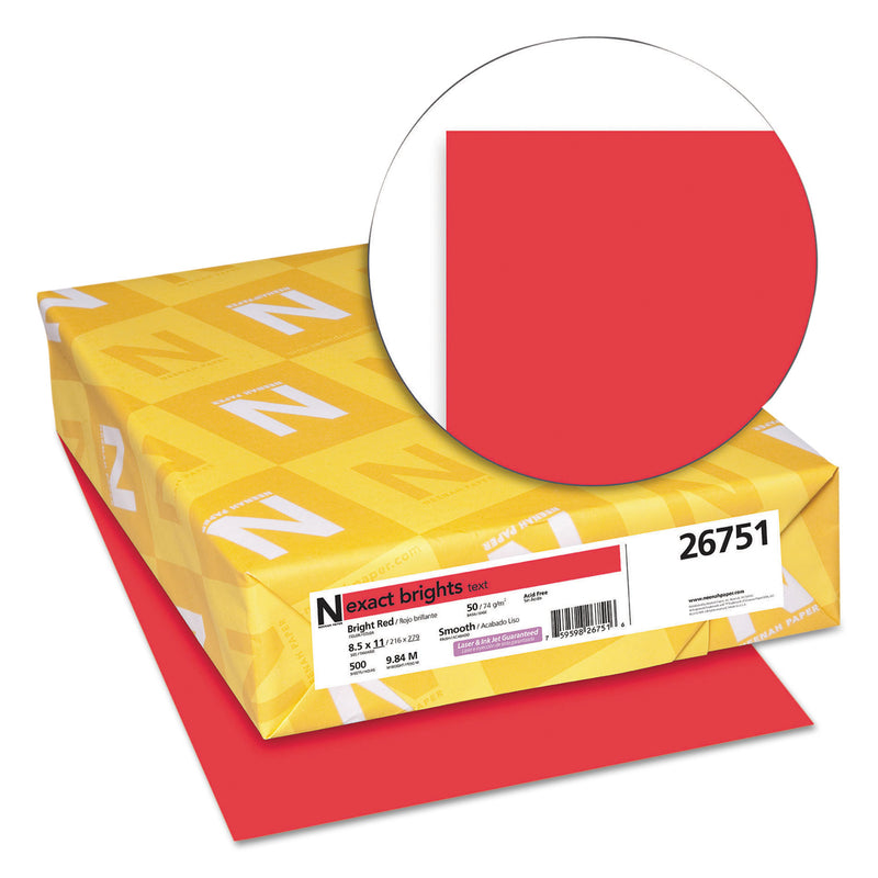 Neenah Paper Exact Brights Paper, 20 lb Bond Weight, 8.5 x 11, Bright Red, 500/Ream