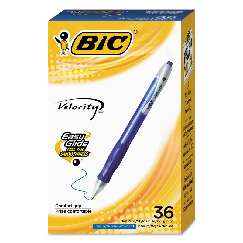 BIC Velocity Easy Glide Ballpoint Pen Value Pack, Retractable, Medium 1 mm, Blue Ink, Blue Barrel, 36/Pack