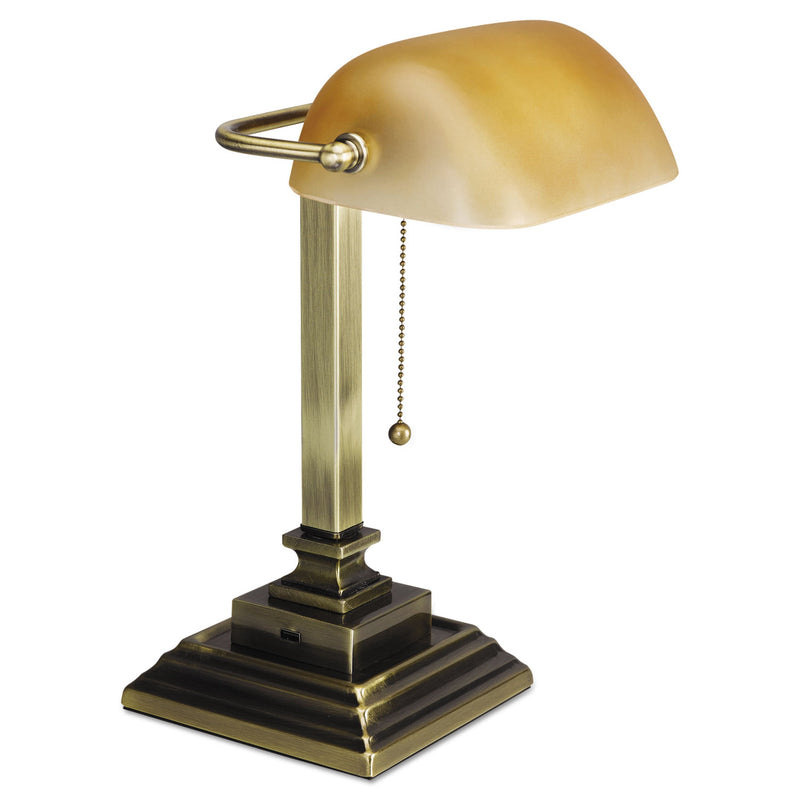 Alera Traditional Banker's Lamp with USB, 10"w x 10"d x 15"h, Antique Brass