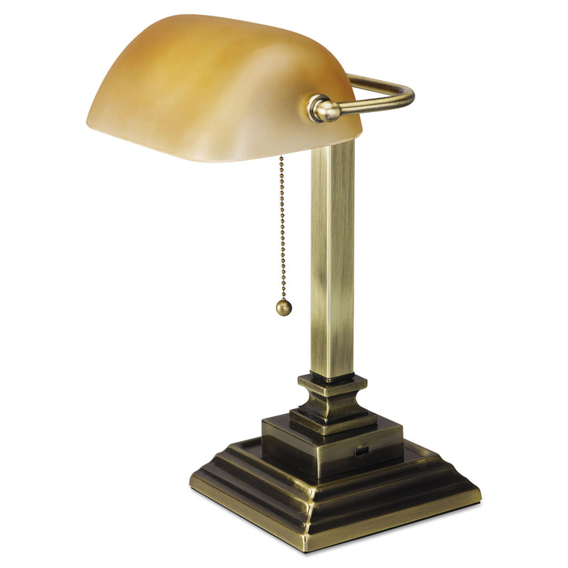 Alera Traditional Banker's Lamp with USB, 10"w x 10"d x 15"h, Antique Brass