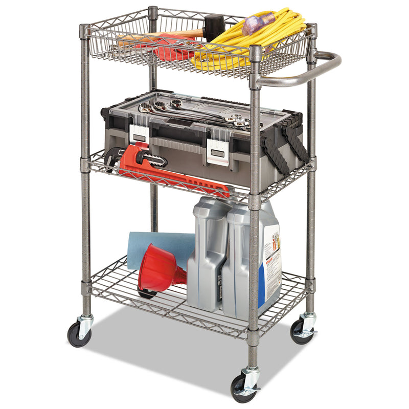 Alera Three-Tier Wire Cart with Basket, Metal, 2 Shelves, 1 Bin, 500 lb Capacity, 28" x 16" x 39", Black Anthracite