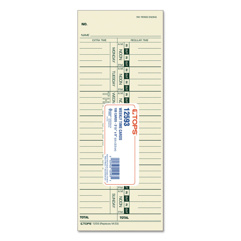 TOPS Time Clock Cards, Replacement for 10-800292/M-33, One Side, 3.5 x 9, 100/Pack