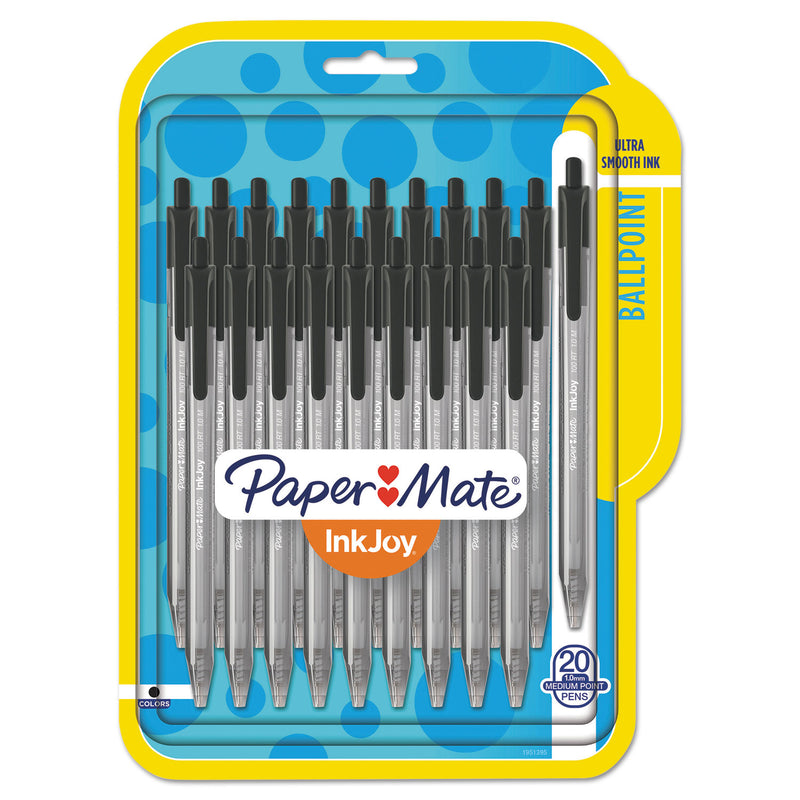 Paper Mate InkJoy 100 RT Ballpoint Pen, Retractable, Medium 1 mm, Black Ink, Black Barrel, 20/Pack