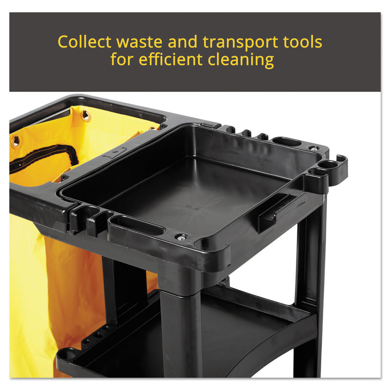 Rubbermaid Multi-Shelf Cleaning Cart, Plastic, 4 Shelves, 1 Bin, 20" x 45" x 38.25", Black
