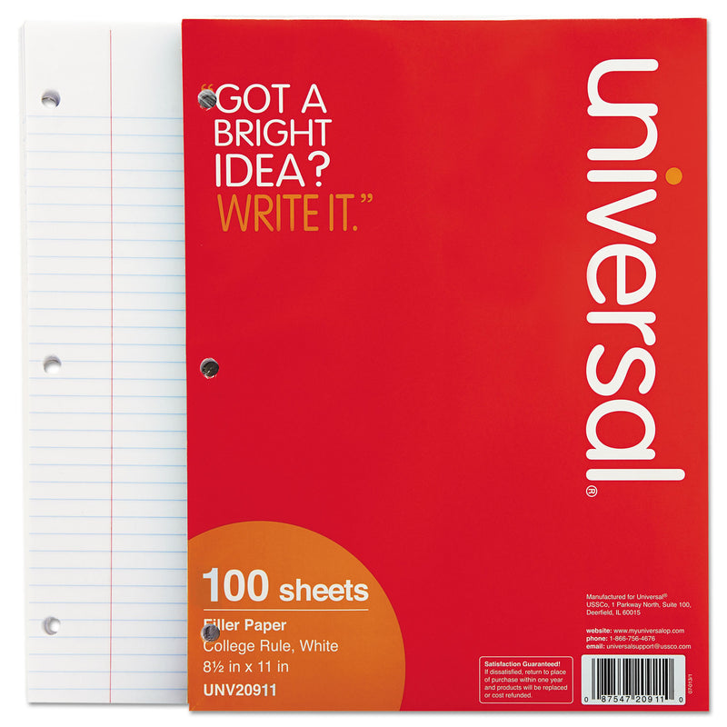 Universal Filler Paper, 3-Hole, 8.5 x 11, Medium/College Rule, 100/Pack