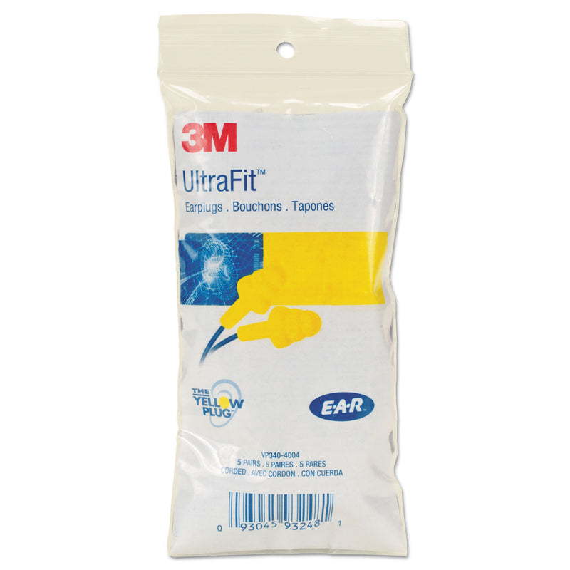 3M E-A-R UltraFit Earplugs, Corded, Premolded, Yellow, 100 Pairs