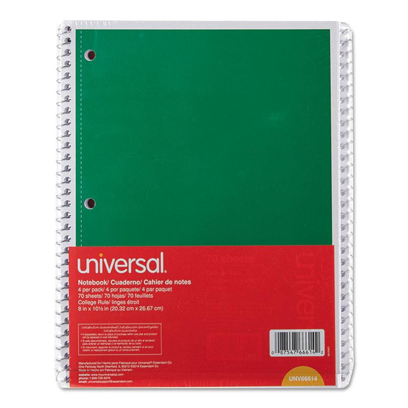 Universal Wirebound Notebook, 1 Subject, Medium/College Rule, Assorted Covers, 10.5 x 8, 70 Sheets, 4/Pack