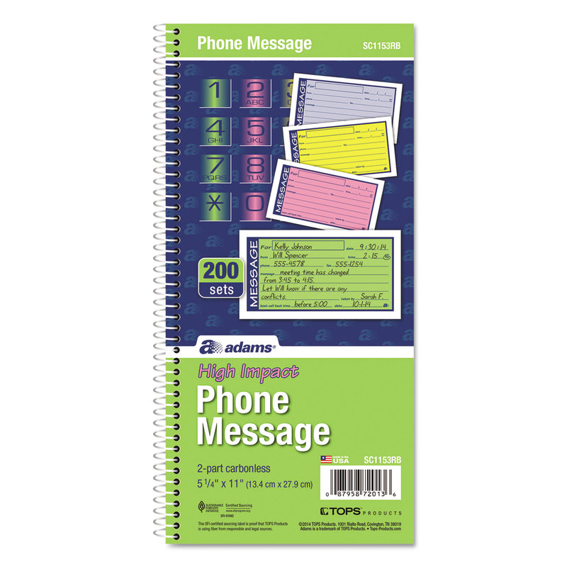 Adams Wirebound Telephone Message Book, Two-Part Carbonless, 2.75 x 4.75, 4/Page, 200 Forms