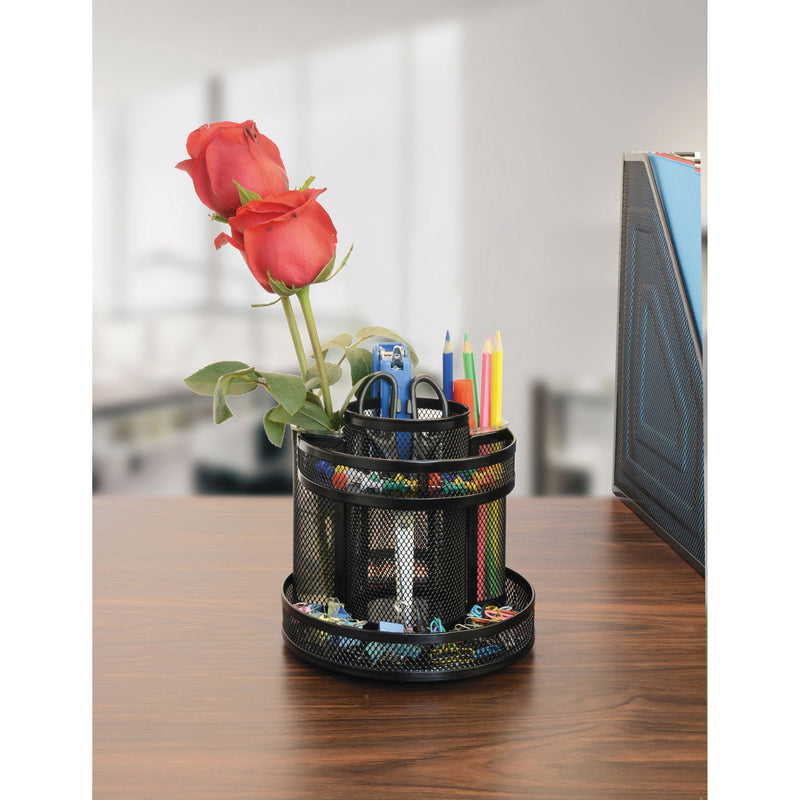 Universal Metal Mesh Rotating Desktop Organizer, 8 Compartments, Metal Mesh, 6.5" Diameter x 6.13"h, Black