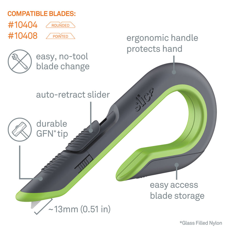 slice Box Cutters, Double Sided, Replaceable, 1.29" Stainless Steel Blade, 7" Nylon Handle, Gray/Green