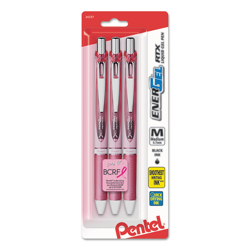 Pentel EnerGel RTX Gel Pen, Retractable, Medium 0.7 mm, Black Ink, Pink/Silver Barrel, 3/Pack