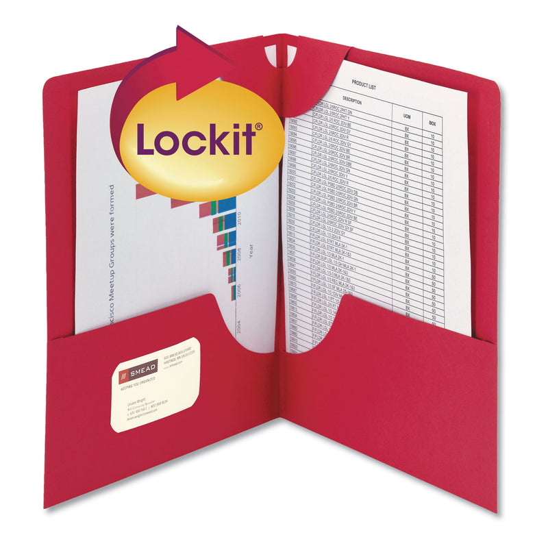 Smead Lockit Two-Pocket Folder, Textured Paper, 100-Sheet Capacity, 11 x 8.5, Red, 25/Box