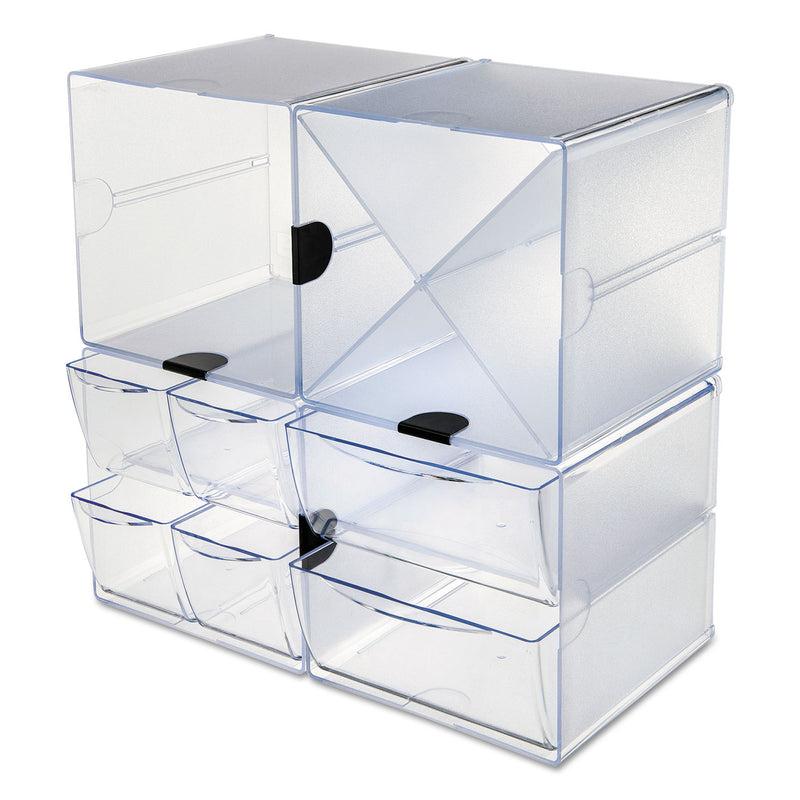 deflecto Stackable Cube Organizer, 4 Compartments, 4 Drawers, Plastic, 6 x 7.2 x 6, Clear