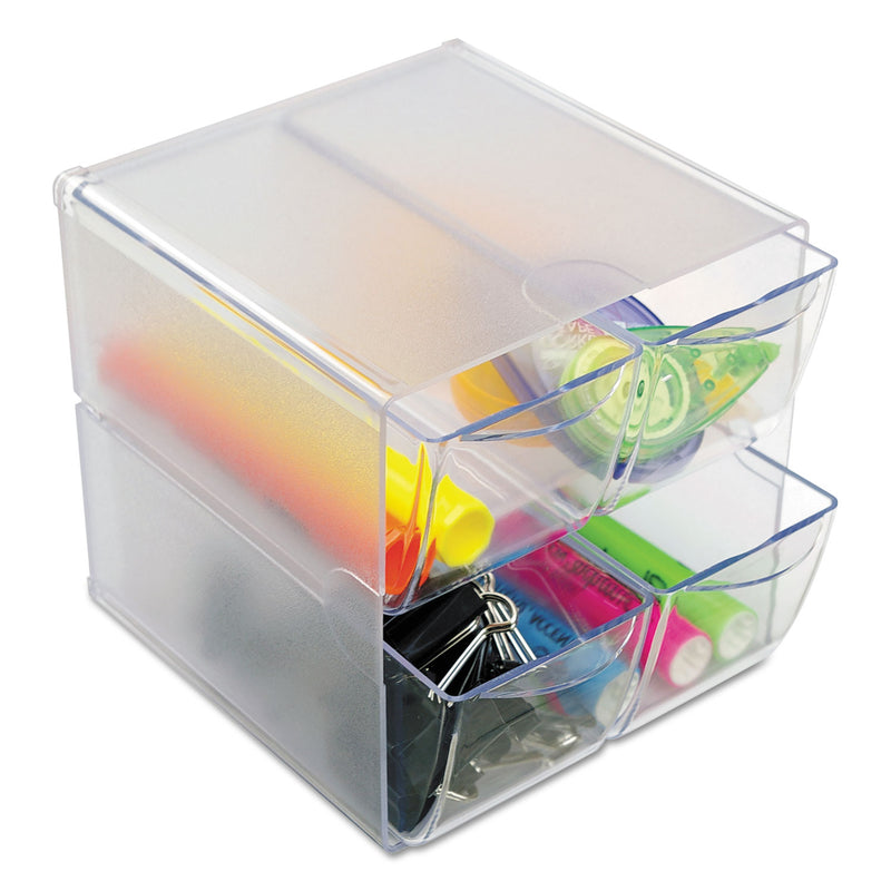 deflecto Stackable Cube Organizer, 4 Compartments, 4 Drawers, Plastic, 6 x 7.2 x 6, Clear