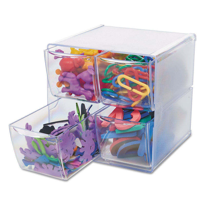 deflecto Stackable Cube Organizer, 4 Compartments, 4 Drawers, Plastic, 6 x 7.2 x 6, Clear