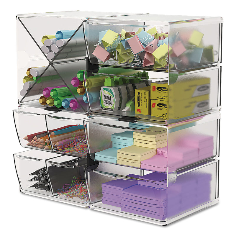 deflecto Stackable Cube Organizer, 4 Compartments, 4 Drawers, Plastic, 6 x 7.2 x 6, Clear