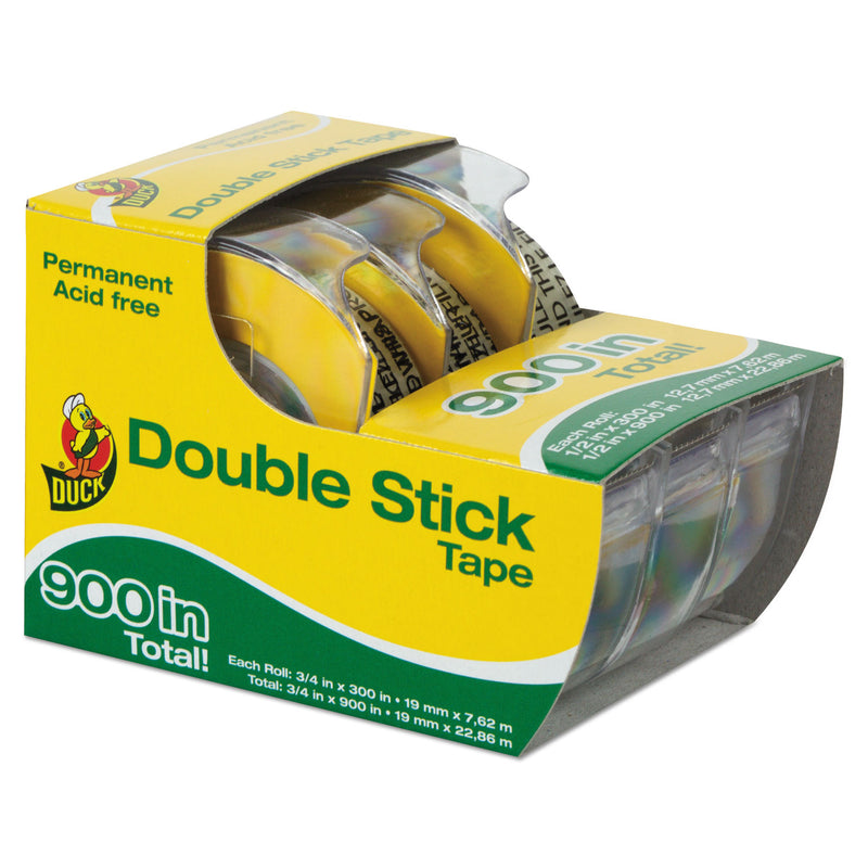 Duck Permanent Double-Stick Tape with Dispenser, 1" Core, 0.5" x 25 ft, Clear, 3/Pack