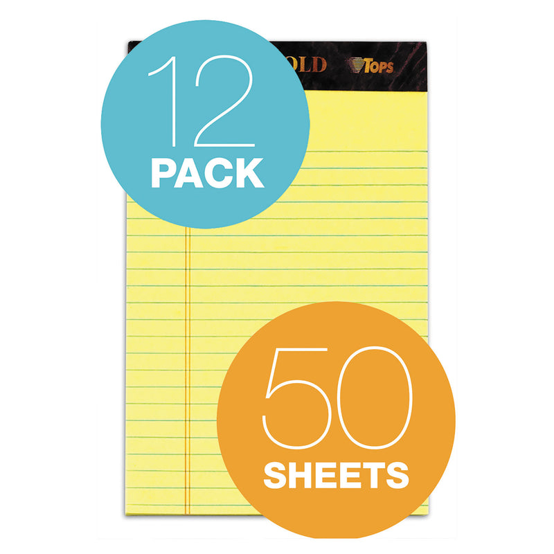 TOPS Docket Gold Ruled Perforated Pads, Narrow Rule, 50 Canary-Yellow 5 x 8 Sheets, 12/Pack