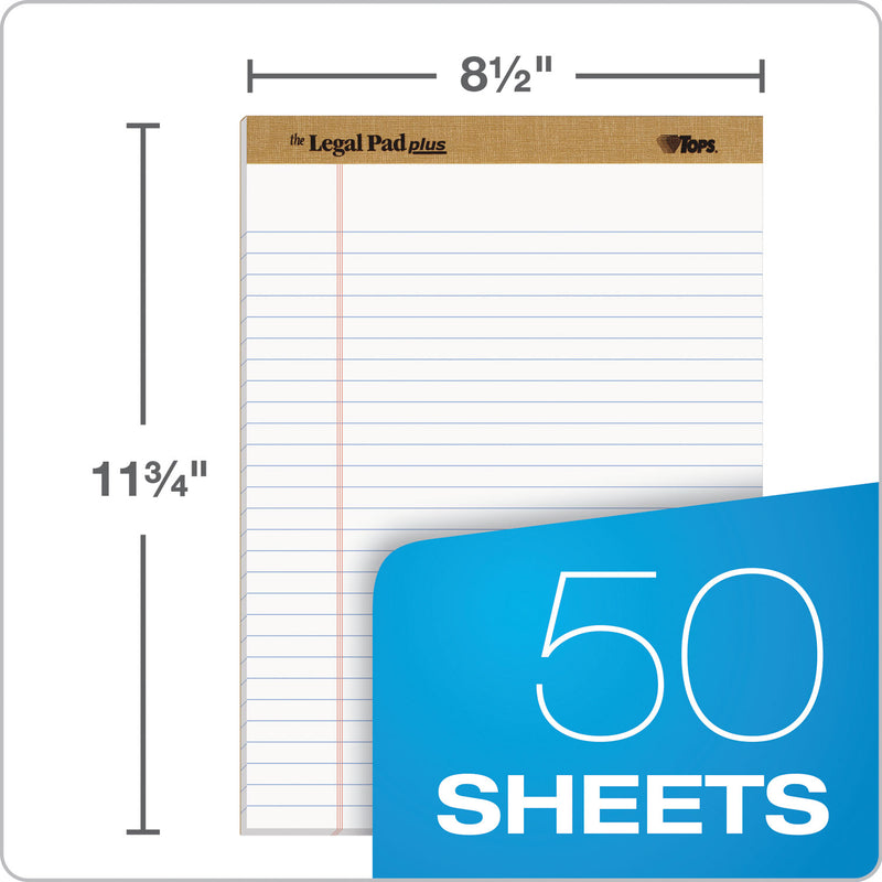 TOPS "The Legal Pad" Plus Ruled Perforated Pads with 40 pt. Back, Wide/Legal Rule, 50 White 8.5 x 11.75 Sheets, Dozen