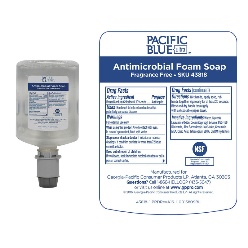 Georgia Pacific Pacific Blue Ultra Foam Soap Manual Dispenser Refill, Antimicrobial, Unscented, 1,200 mL, 4/Carton