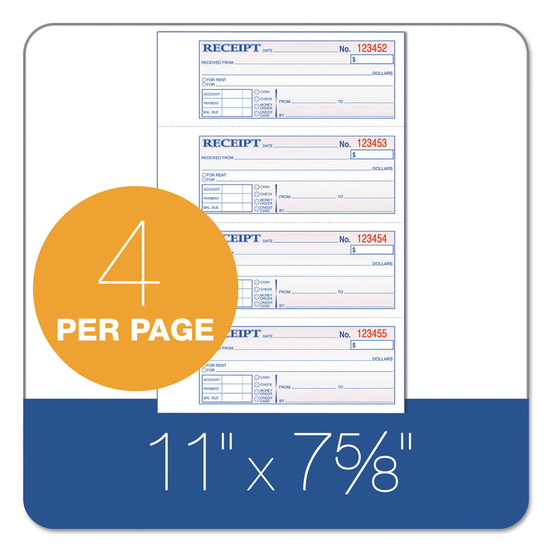 Adams TOPS 3-Part Hardbound Receipt Book, Three-Part Carbonless, 7 x 2.75, 4/Page, 200 Forms