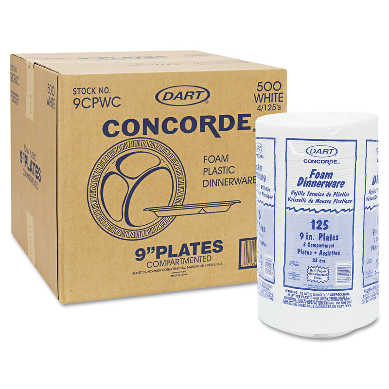 Dart Concorde Foam Plate, 3-Compartment, 9" dia, White, 125/Pack, 4 Packs/Carton