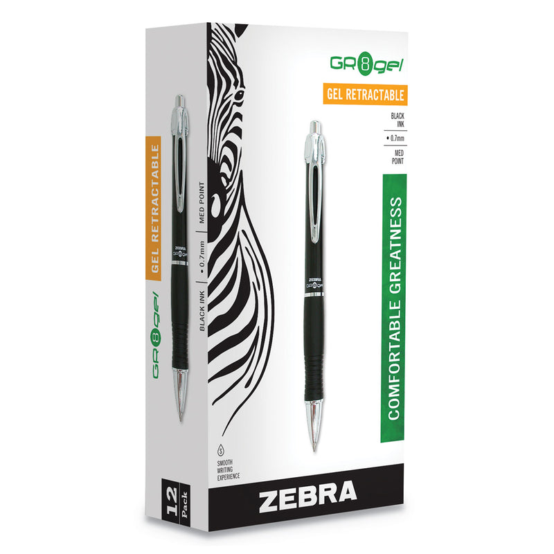 Zebra GR8 Gel Pen, Retractable, Medium 0.7 mm, Black Ink, Black/Silver Barrel, 12/Pack