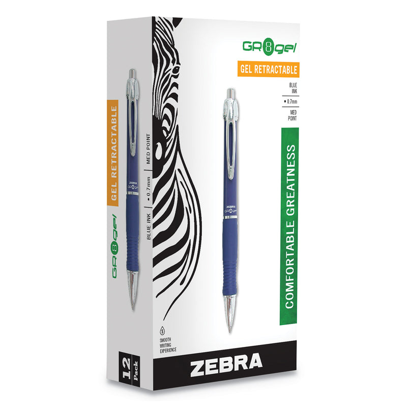 Zebra GR8 Gel Pen, Retractable, Medium 0.7 mm, Blue Ink, Blue/Silver Barrel, 12/Pack