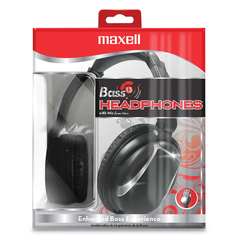 Maxell Bass 13 Headphone with Mic, 4 ft Cord, Black