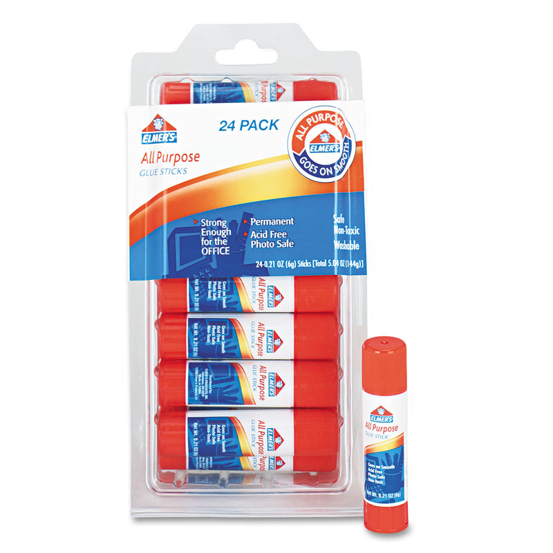 Elmer's Disappearing Glue Stick, 0.21 oz, Applies White, Dries Clear, 24/Pack