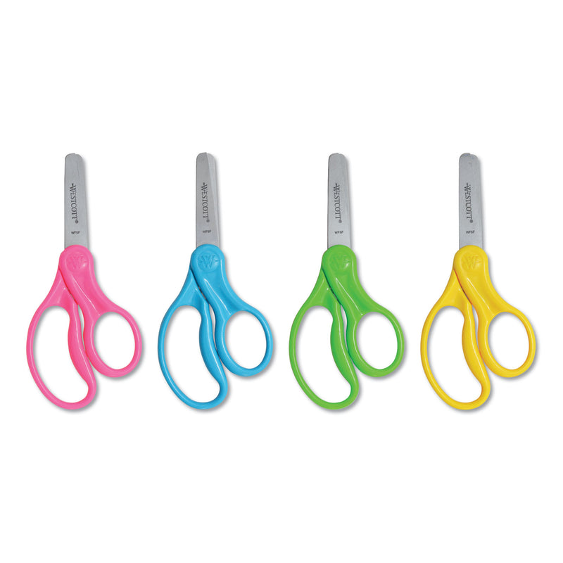 Westcott For Kids Scissors, Blunt Tip, 5" Long, 1.75" Cut Length, Assorted Straight Handles, 12/Pack